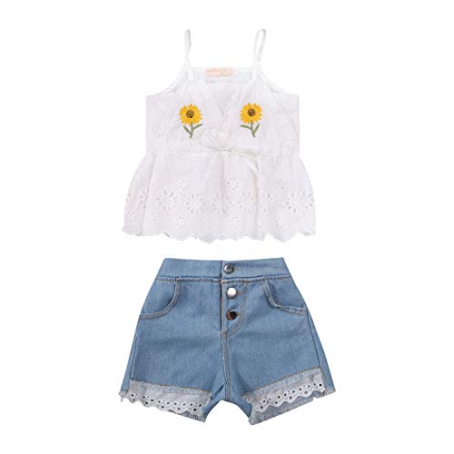 2 Pcs Toddler Girl Summer Outfits Ruffle Sleeve/Sleeveless Lace Tops + Ripped Denim Shorts Summer Clothes Set (Embroidery Lace White Shorts Set, 4-5 Year)