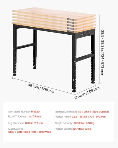 Image of VEVOR Adjustable Workbench, 48 x 20-inch Heavy Duty Work Bench with 28.5-38.3 Inches Height Adjustment, 2000 lbs Capacity Garage Workbench with Power Outlets, Suitable for Office, Garage, Workshop