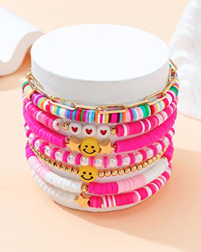 Palotay 8Pcs Preppy Heishi Bracelets Colorful Smiley Face Evil Eye Beaded Stackable Bracelets Set Surfer Clay Bead Pearl Stretch Bracelets Y2K Summer Beach Jewelry For Women Girls Red #TOP1