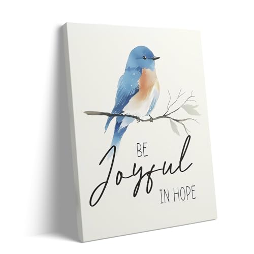 Inspirational Bluebird Canvas Wall Art, Be Joyful in Hope Quote Pictures Print, Watercolor Bird Painting, Vintage Poster Framed Motivational Wall Artwork for Living Room and Office 8' x 10'