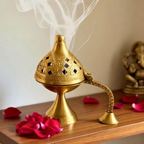 Image of DSH CRAFTING YOUR CURIOSITY Dsh Home Purifying Brass Dhuna Loban Burner Dhooni Dhoop Dani Dhuni Brass Table Dhoop Dani Incense Burner for Loban. (Small)