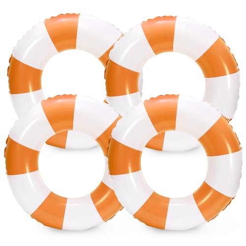 Whaline 4Pcs White Orange Inflatable Swimming Float Toy Striped Swim Ring Fun Print Pool Lounger Tube for Teen Boy Girl Summer Swimming Beach Party, 22.8 Inch