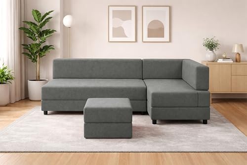 Image of Leg Sofa Cum Bed with Ottoman | Jute Fabric | Multipurpose Folding 3 Seater Sofa Bed 5x6 Ft for Living Room | Space Saving Furniture | Modern Design - Grey