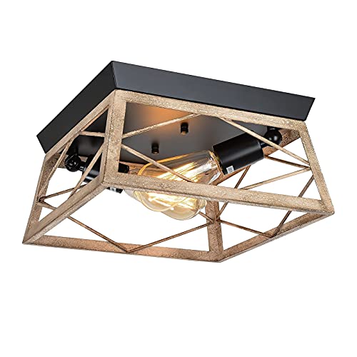 HMVPL Farmhouse Flush Mount Ceiling Light Fixture, 2-Light Industrial Close to Ceiling Light, Rustic Iron Ceiling Lamp for Kitchen Island Dining Room Bedroom Foyer Hallway