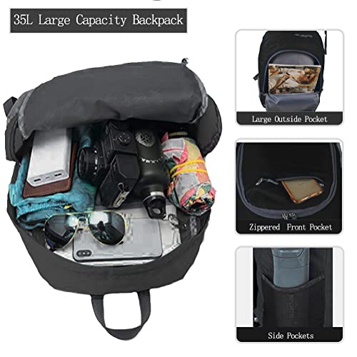 HYCOPROT 35L Packable Backpack Ultra Lightweight Foldable Rucksack Water Resistent Breathable Bag for Men Women Outdoor Camping Walking Hiking Climbing Travel Daypack (Black) - Image 4