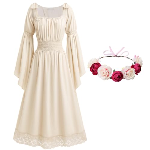 ZhouBoat Renaissance Medieval Costume Dress Lace Skirt Bow Bell Sleeve Women Fairy Dress with Flower Crown,L