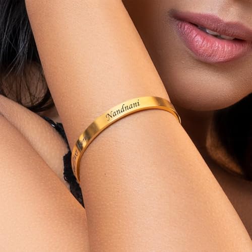 Image of LOUIS MILLER Personalised Golden Kada | With 1 Year Colour Warranty | Kada For Unisex | Adjustable in Size | Glossy Golden Finish |