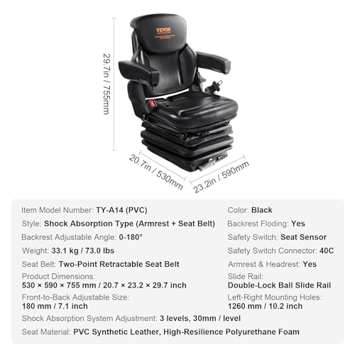 Miniatura 7 de Vevor Asiento Universal Para Carretilla Elevadora Asiento De Tractor Plegable Respaldo Ajustable Con Cinturón De Seguridad Reposabrazos 3 Niveles Absorción De Impactos Para Cargadora Excavadora