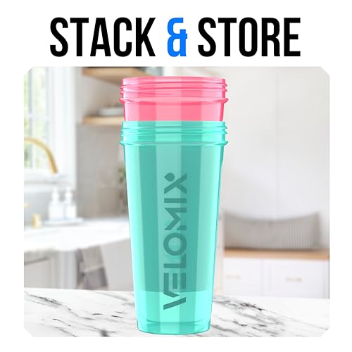 VELOMIX -2 Pack- 28 oz Protein Shaker Bottles Pink/Turquise