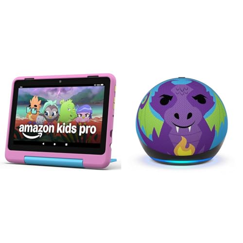 Amazon Kids Entertainment Device Bundle Including Fire HD 8 Kids Pro Tablet (32GB, Jungle Cat) + Echo Dot Kids (Dragon)