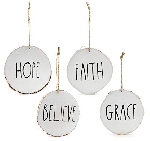 Set of 4 Modern Farmhouse Rustic Rae Dunn Inspired Christmas Ornaments with “FAITH”, “HOPE”, “GRACE”, “BELIEVE” printed on 4” Natural Birch Wood white circles with Jute Hanger, Giftboxed