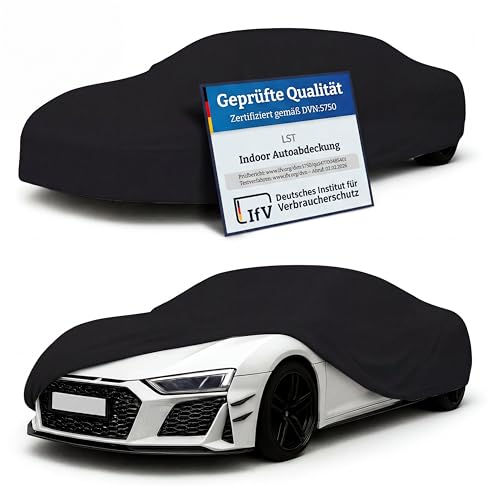 LST Autoabdeckung Indoor – lackschonende und Dehnbare Autogarage. Car Cover Innenbereich für Autohäuser und Endverbraucher. Auto Abdeckplane schützt vor Sonne, Staub. (Schwarz, M (410x130x120cm))