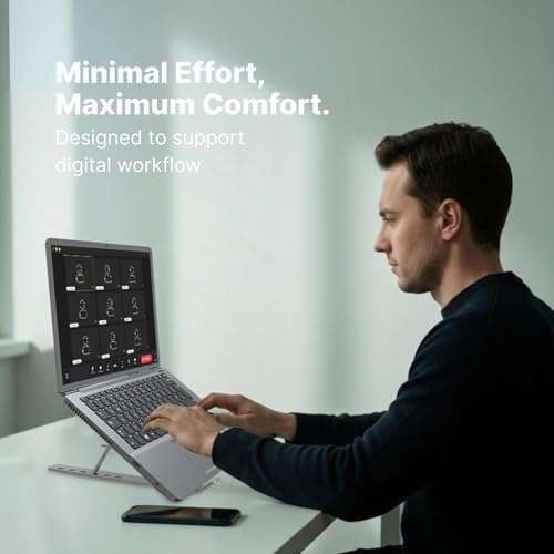 Image of Premium Metal Laptop Stand Foldable, Aluminum Note Book Stand Portable Any Laptop Stand Adjustable Height /OverHeating Protection Laptops /MacBooks /Table and Many More (Metallic Silver, MLS001)