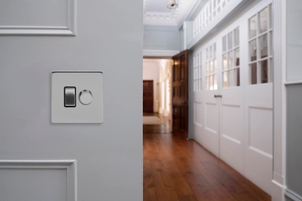 Soho Lighting Brushed Chrome Flat Plate Dimmer and Rocker Switch Combo Blk Ins Screwless (2 Way Switch & Trailing Dimmer) - Image 2