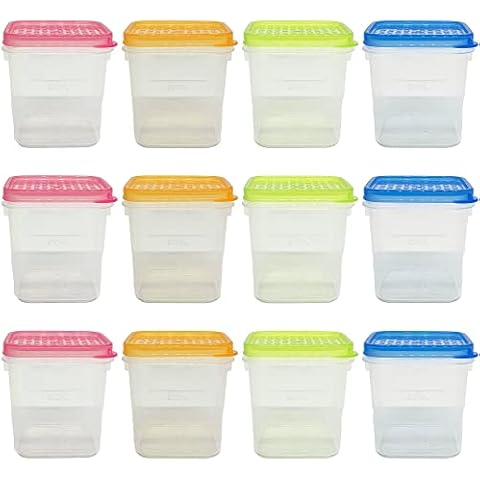 12 Pack Store Smart Square Stackable Plastic Food Storage Containers with Multicolour Lids 350ml (Transparent Lids) Cover