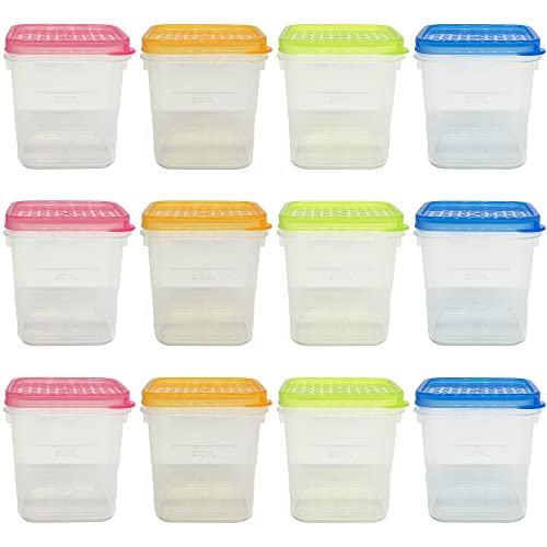 MAKREL 12 Pack Store Smart Square Stackable Plastic Food Storage Containers with Multicolour Lids 350ml (Transparent Lids)