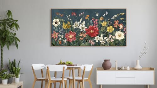 yearainn Botanical Framed Wall Art - Colorful Flowers Bouquet Canvas Pictures Wall Decor Wildflowers Painting Artwork Blooming Floral Prints Living Room Office Home Decor Natural Wood Frame 48" x 24" by yearainn - Used condition - Image 5