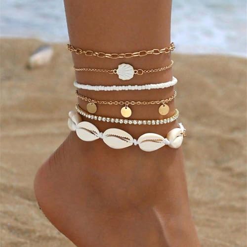 Image of Qceasiy Bead Ankle Bracelets Set For Women, Adjustable Gold Plated Boho Shell Anklet, Hawaiian Beach Seashell Pearl Disc Starfish Conch Foot Jewelry, Summer Fashion Gifts