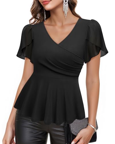 Lotusmile Womens Peplum Tops Dressy Casual Petal Sleeve Mesh Elegant Wrap Blouses for Women Work Night Out Party