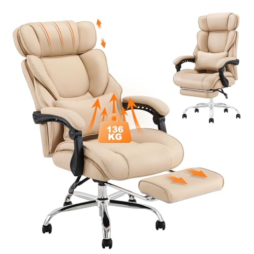 COLAMY Ergonomischer Bürostuhl mit Fußstütze & Lendenkissen - Chefsessel mit Verstellbarer Rückenlehne (90-135°), Hochwertiges Leder, Home Office Chair für Langzeitkomfort, Khaki