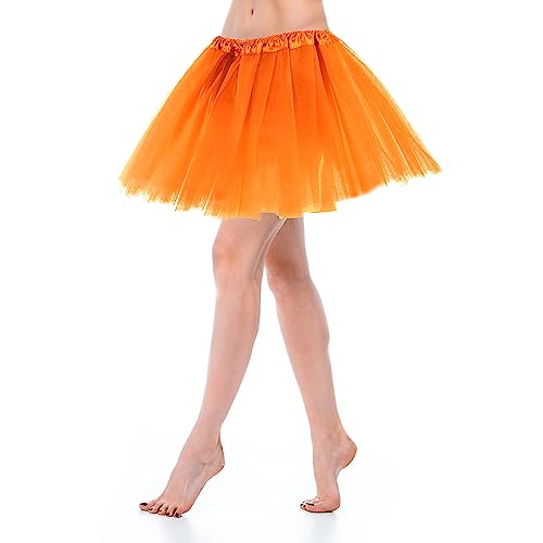 Tüllrock Damen Tutu Klassisch Elastisch 3 Lagig Tüll Tüllrock Orange 80er Rock Tütü Dirndl Damen Kurz Dance Dress Up Party Zubehör Ballett Tanzkleidung Ballettkleidung 80er Jahre Outfit Halloween