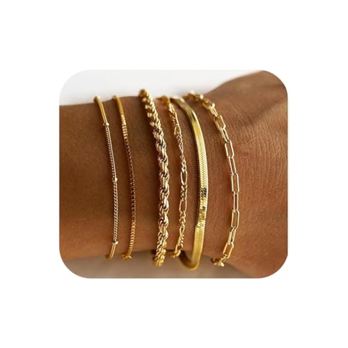 ZEPIQOR 6 Pcs Pulsera Mujer Acero Inoxidable Chapada en Oro - Cadena de Serpiente Ajustable Apilable para Mujer