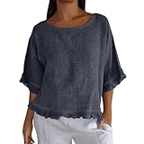 Camisas de lino para mujer, estilo casual, manga 3/4 con volantes, cuello barco, blusas básicas de moda, gris, L