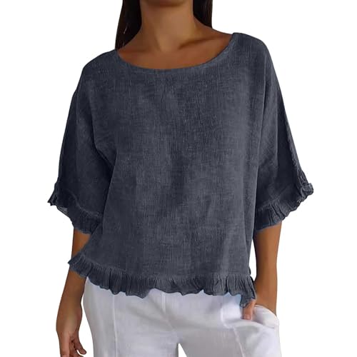 Camisas de lino para mujer, estilo casual, manga 3/4 con volantes, cuello barco, blusas básicas de moda, gris, L
