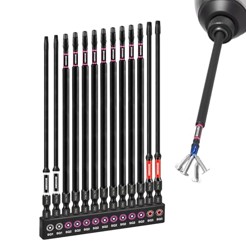 Geinxurn 13 Piece Impact #1#2#3 Square Screwdriver Bits Set, 6” (SQ1/SQ2/SQ3) Magnetic S2 Steel Long Extension Driver Bits with Color Coded Base