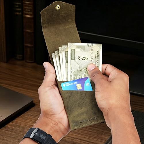 Image of The Wallet Store Flip 2.0 Genuine Leather Vertical Slim Wallet for Men | Easy Quick Card Access | Compact Front Cash Pocket & Button Lock | Minimalist Travel & Daily Carry Wallet (Green)