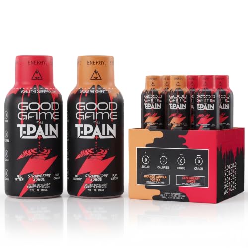 Image of Nappy Boy Dranks Good Game by T-Pain Energy Shot, 2oz (6 Pack), Sugar-Free, Zero Calorie Focus Drink with 200mg Caffeine and B-Vitamins (B3, B6, B12) - Clean, No-Crash Energy Boost, 3 Orange Vanilla Vortex + 3 Strawberry Surge