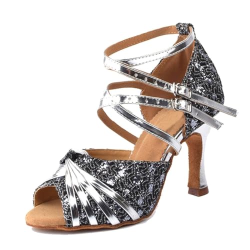Sandales de danse femme argentées paillettes chaussures talon 9cm