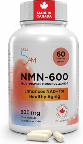 Live 5AM NMN Supplement 600mg | 60 Capsules 99% High Purity Nicotinamide Mononucleotide, Source of Vitamin B3, NAD+ Precursor & Energy Support, Made in Canada
