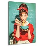 Kunstgestalten24 | Audrey Hepburn Bild auf Leinwand mit Echtholz-Keilrahmen – Vintage Pop Art Wandbild mit Pasta Motiv im Retro Kochkunst Design | 60x80 mit 2cm Rahmentiefe