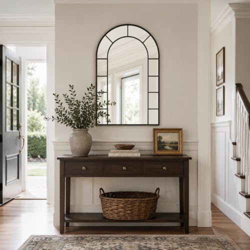 Image of Uniclinens Window Arched Wall Mirror Decor - Farmhouse Black Mirror for Wall Decor Living Room,Large Window Pane Mirror for Fireplace,Entryway,Hallway,Dining Room,Bedroom,36 inchX24 inch Metal Frame