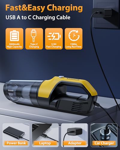Image of Handheld Vacuum Cordless 1.1 Pounds Car Vac 10000PA Hand Held Vacuums 4-in-1 Hand Vac Cordless Rechargeable HEPA Filter Large Capacity Dust Cup for Car Office Home Pets Hair (Butter Yellow)