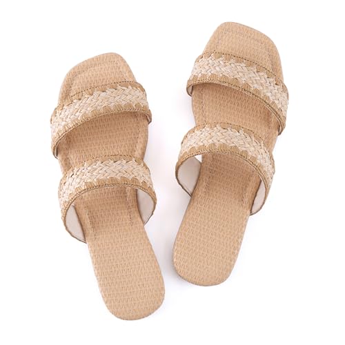 Image of Mtzyoa Women Flat Sandals Raffia Braided Summer Straw Dressy Casual Vacation Bohemian Cute Beach Comfy Slip On Slides