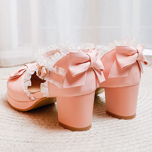 Elbslutt Women's Cute Chunky Platform Sandals Mary Janes Bows Block Heels Lace Closed Toe Ankle Strap Pumps Sweet Shoes 6
