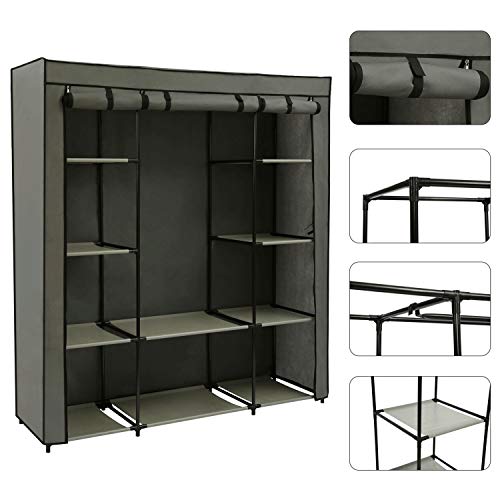 Homebi Clothes Closet Portable Wardrobe Durable Clothes Storage Organizer Non-Woven Fabric Cloth Storage Shelf with Hanging Rod and 10 Shelves for Extra Storage, 59.05" W x 17.72" D x 65.4" H (Grey)