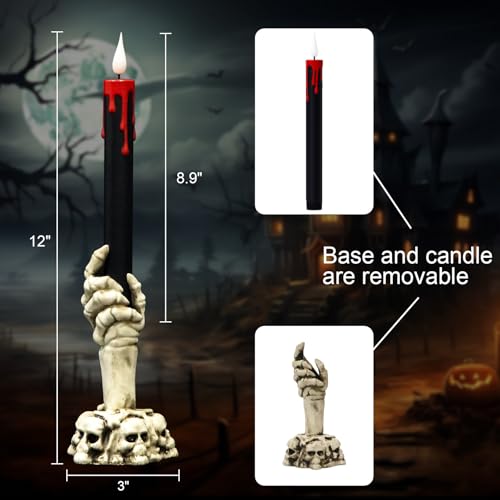 Image of Halloween Black Flameless Taper Candles Flickering with Remote Timer, Battery Operated Led Taper Candle, 2 Pcs Drip Wax Candlesticks with Skull Hand Candle Holder for Halloween Decorations