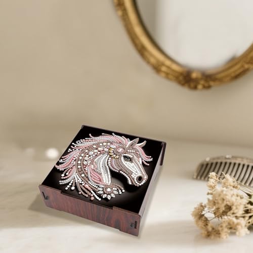 Image of DIY Diamond Art Storage Box with Flip-Top Lid, Glittering Horse Head Design Wooden Diamond Painting Organizer with 4 Divided Compartments, Portable Desktop Craft Storage for Accessories Supplies