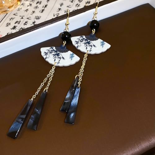 Handmade Resin Fan Dangle Earrings for Women Beautiful Sector Aesthetic Earrings Cheongsam Antique Style Chinese Japanese Vintage Lightweight Sterling Silver Stud Statement Unique Jewelry4