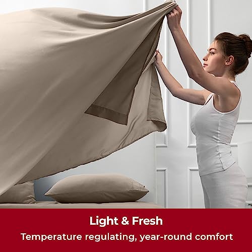 Image of Mellanni Split King Sheets Set - 5 PC Iconic Collection Bedding | Hotel Luxury, Extra Soft, Cooling Bed Sheets - Wrinkle, Fade, Stain Resistant (Split King, Tan)