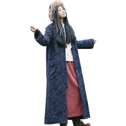 LZJN Women's Chinese Frog Button Long Trench Coat Quilted Lightweight Jacquard Jacket with Pocket