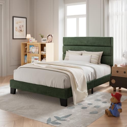 Image of Allewie Twin Size Platform Bed Frame with Fabric Upholstered Headboard and Wooden Slats Support, Fully Upholstered Mattress Foundation /No Box Spring Needed /Easy Assembly, Green