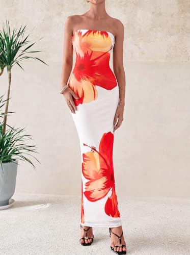 Image of PRETTYGARDEN Women Summer Strapless Maxi Dress Bodycon Floral Sexy Long Wedding Guest Dress Formal Tube Mesh Cocktail Dresses