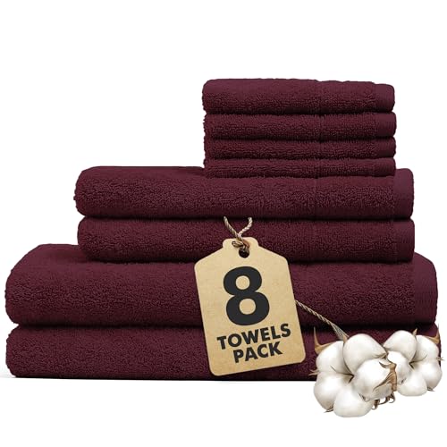 Novo Home Bath Towels Set of 8 – 100% Cotton Burgundy Towel Set Bale Includes 2 Bath, 2 Hand, 4 Face Towels – Soft, Absorbent & Quick Dry Towel for Bathroom, Spa, Kitchen, Hotel Use