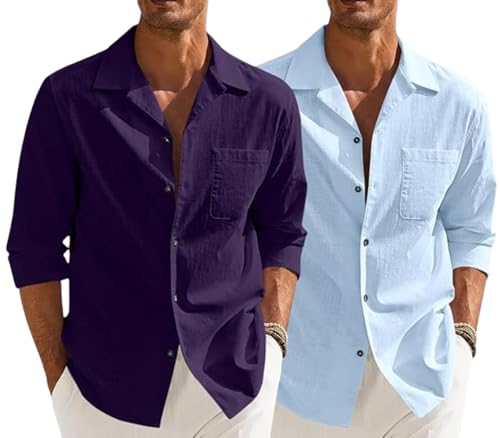 Image of Combo of Men's Casual Cotton Blend Shirt || Long Sleeve Button Down with Spread Collar | Lightweight Breathable Fabric | Stylish Solid Shirt for Beach, Office & Everyday Wear Pack of 2