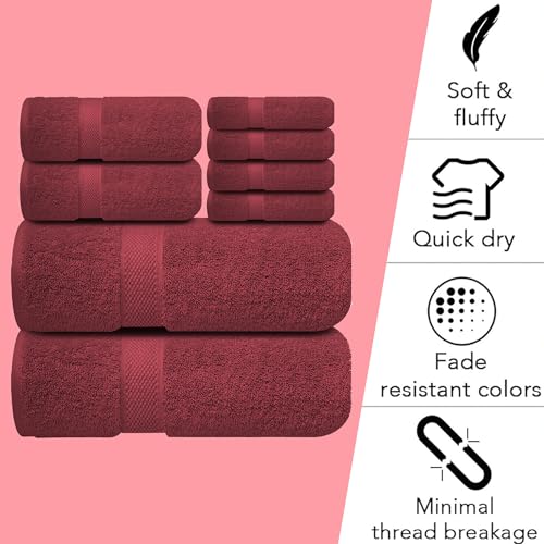 Image of Sulfar 100% Combed Cotton, 8 Pcs Towel Set - 2 Bath Towels (70 x 140 cm), 2 Hand Towels (40 x 70 cm) and 4 Face Towel (30 x 30 cm) (600 GSM, Pack of 8) Red Wine