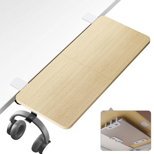 PEGZONE Desk Extender Tray, 28' x 12' Clamp On Desk Shelf, Desk Extension with Laptop Holder, Table Desk Arm Rest, Clamp On Keyboard Tray for Office and Home, Workstation Organizer, Large, Wood